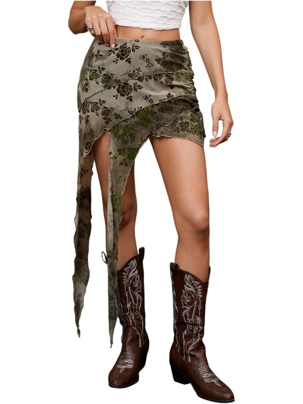 Women Green Pattern Western Skirt Boho Asymmetrical Skirts Cowgirls Mesh Vintage